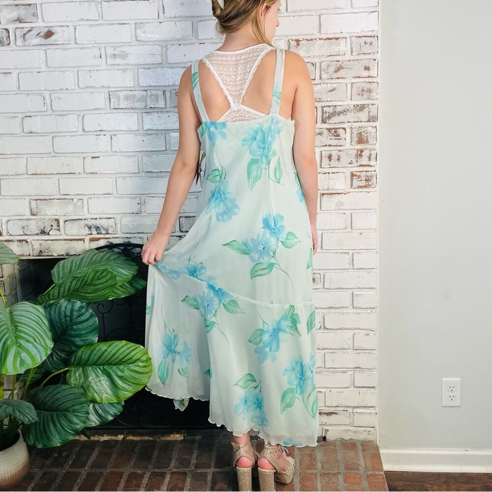 Vintage 90s R&M Richards Pastel Green Blue Floral Sleeveless Asymmetrical Maxi
